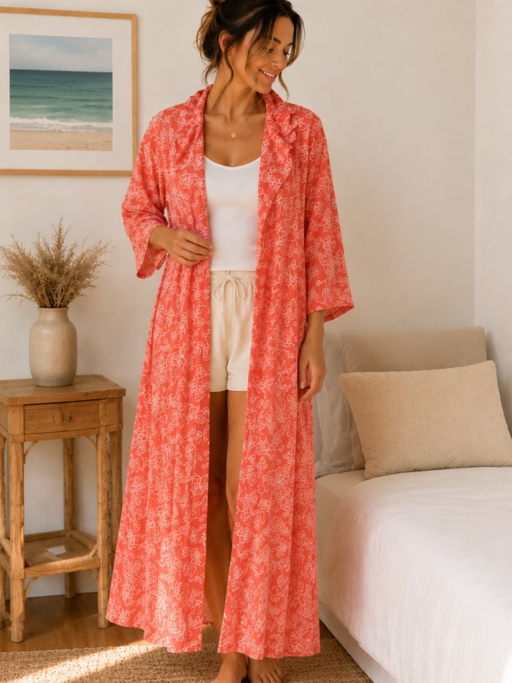 Plum Pretty Sugar Coral Floral Lightweight Long Robe Kimono XL